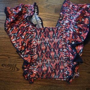 Anthropologie Let Me Be Smocked Ruffle Abstract Ikat Print Blouse